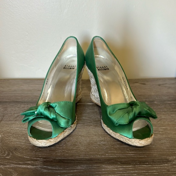 Stuart Weitzman Shoes - STUART WEITZMAN Green Satin Espadrille Wedges w/Bow, Size: 6.5